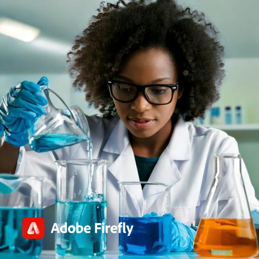 lady lab technician of African decent operating 2 jars filled with a blue colored liquid to demonstrate the use of solvents in kenya